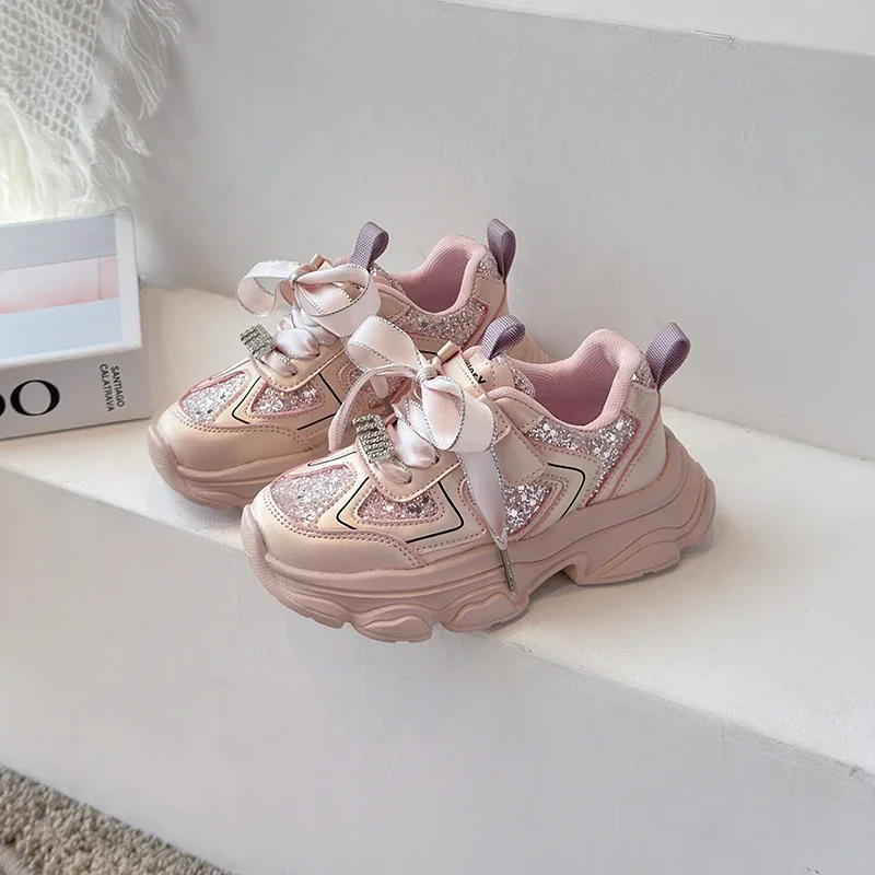 Pink/Silver Girls Sports Shoes with Bright Face Letter Lace Anti Slip Breathable Spring Autumn Outdoor PU Casual Shoes