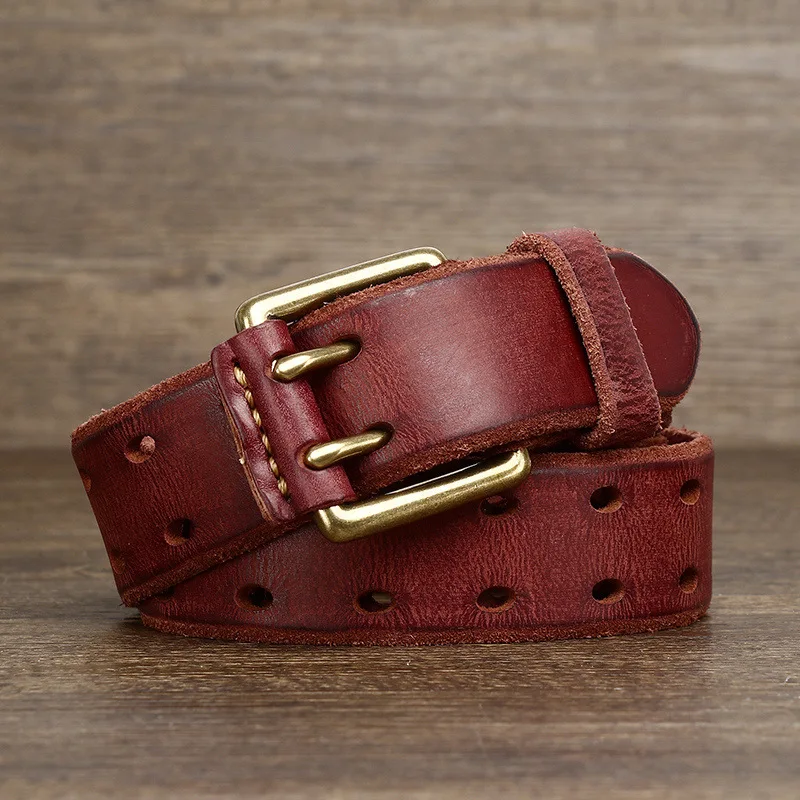 The first layer of cowhide belt hole free size quality jeans  strap vintage buckle waist  metal genuine luxury mens leather belt