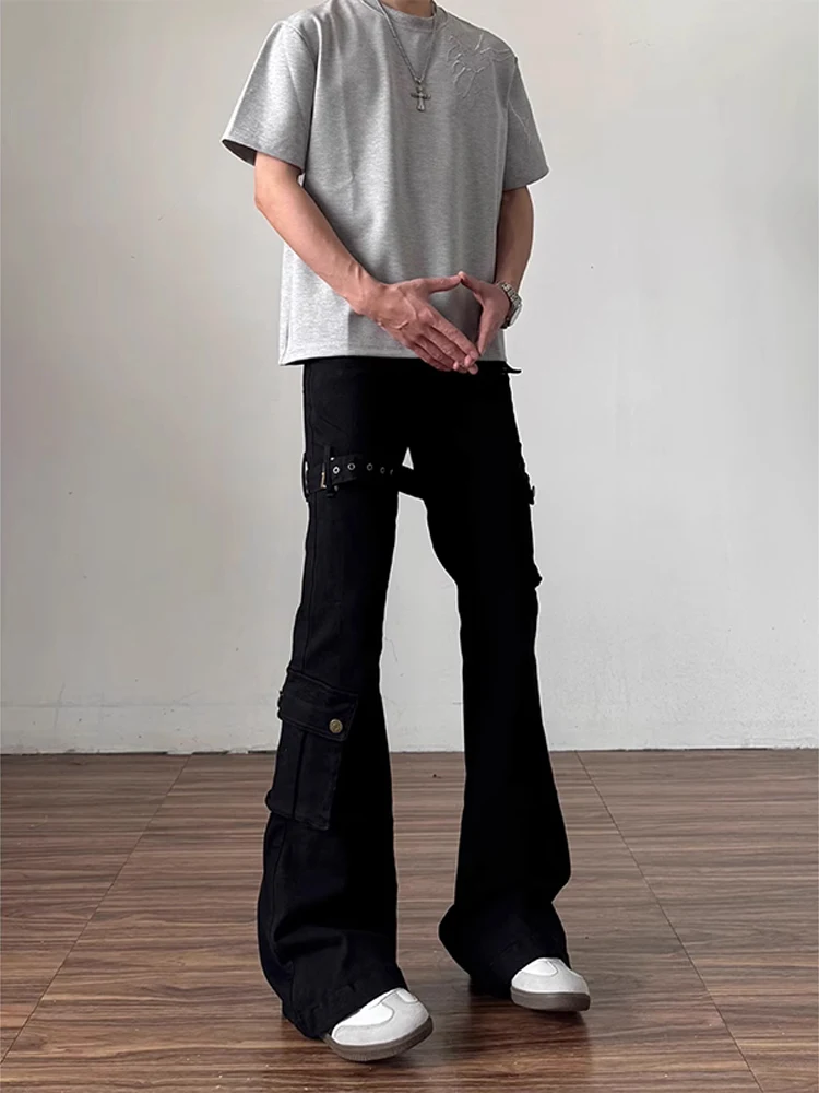 

Cleanfit American High Street Style Men's Micro Flare Denim Jeans Belted Design Casual Straight Leg Trousers for Teens