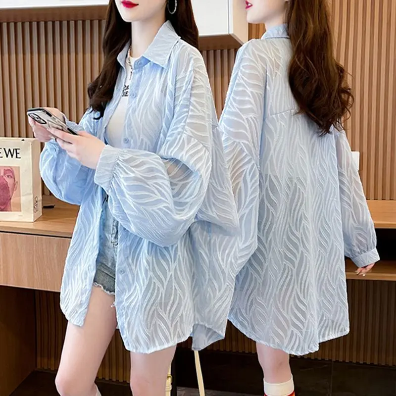 Polo Neck Flower Striped Sunscreen Cardigans Women's New Summer Thin Button Solid Short Air Conditioned Shirts Coats Blouse R37