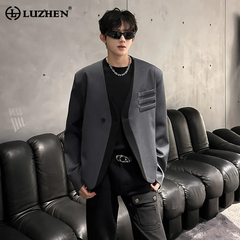 LUZHEN Color Contrast Fake Two Piece Design Handsome Korean Blazer Jacket Men Stylish Elegant V Neck Casual Male Clothes JY5226