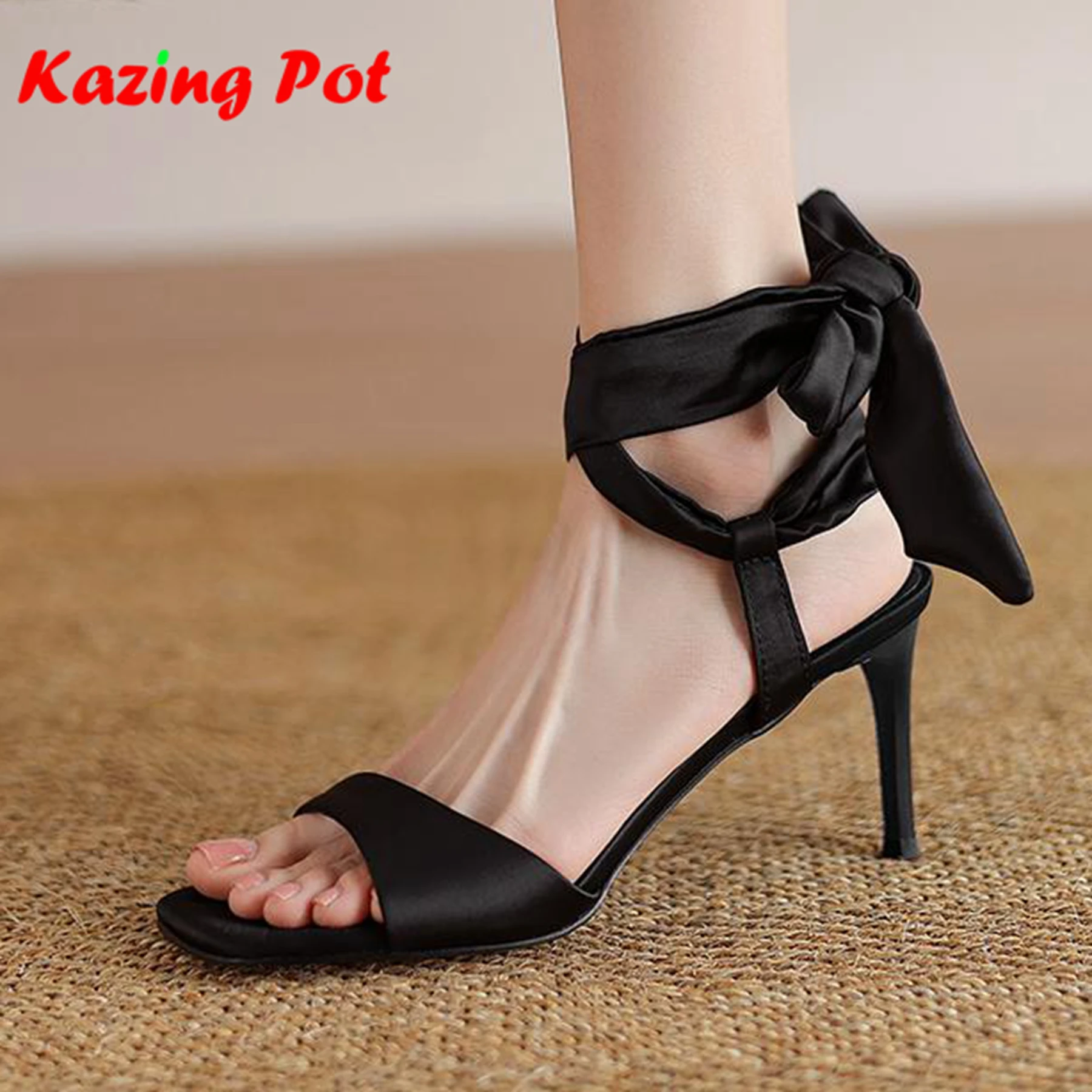 

Krazing Pot 2025 Stain Peep Toe Stiletto High Heels Elegant Ankle Lace Up Bowtie Summer Shoes Plus Size 42 Modern Women Sandals