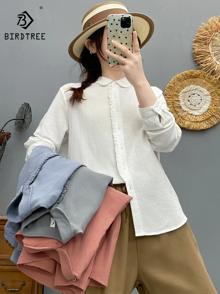 

New 2026 Spring Women Cotton Yarn Long Sleeve Shirt, Turn-down Collar Ruffles, Mori Girl Temperament Chic Loose Blouse T61727CC