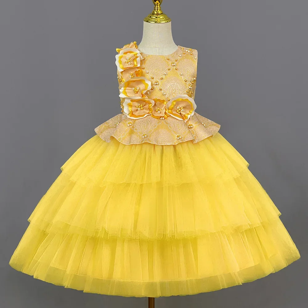 Children's princess  new floral girl fluffy cake little girl hosting piano performance dress