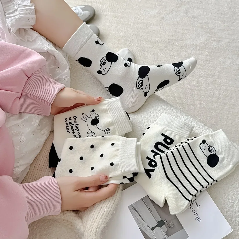 الجوارب الكورية الأزياء مخطط كلية نمط JK الفتيات مرونة الجوارب الطويلة الأبيض النساء الجوارب الكرتون الكلاب طباعة اليابانية Kawaii لطيف #3