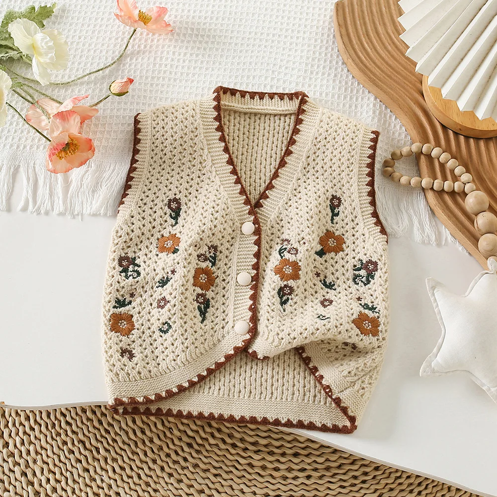 2026 Girls' Knitted Vest with Hollowed Out Flowers Spring and Autumn New Style Cardigan Sweater Vest