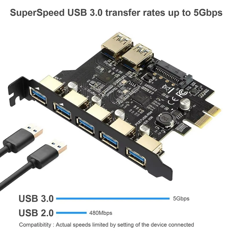بطاقة توسيع PCI-E USB 3.0 7 منافذ مع موصل طاقة SATA 15Pin محول PCIE X1 USB3.0 بسرعة 5 جيجابت في الثانية