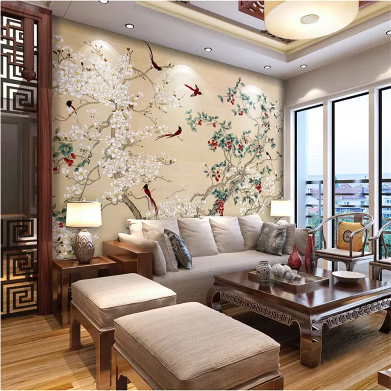 

Chinese Flower and Birds Sofa TV Background Wall Cloth 3D Floral Mural Wallpapers for Living Room Bedroom Wall Papers Home Decor