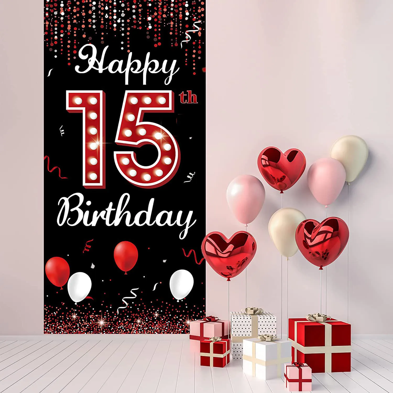 

Happy 15th Birthday Party Decoration Cake Backdrop for Girls Red and Black 15 Years Old Fifteen Bday Poster Background