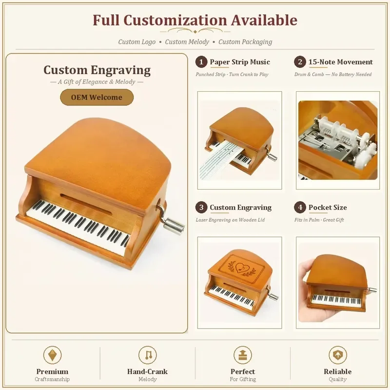 15 Note Hand Crank Wooden Music Box Punch Your Own Melody Strip Comb No Battery Christmas Gift OEM Wholesale Mini Puncher