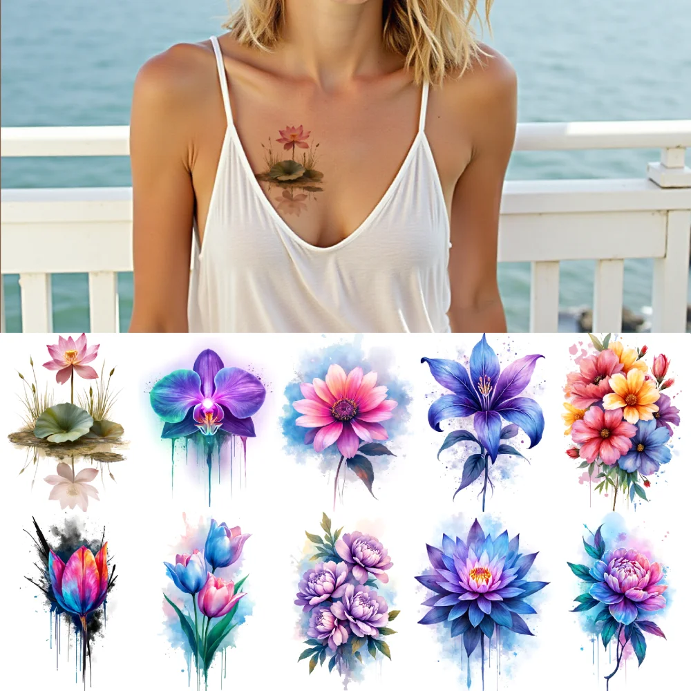 

9pcs Temporary Tattoo Lilies Waterproof Long-lasting Body Stickers Orchids Roses Temporary Tattoo Stickers Dahlias For Ladies