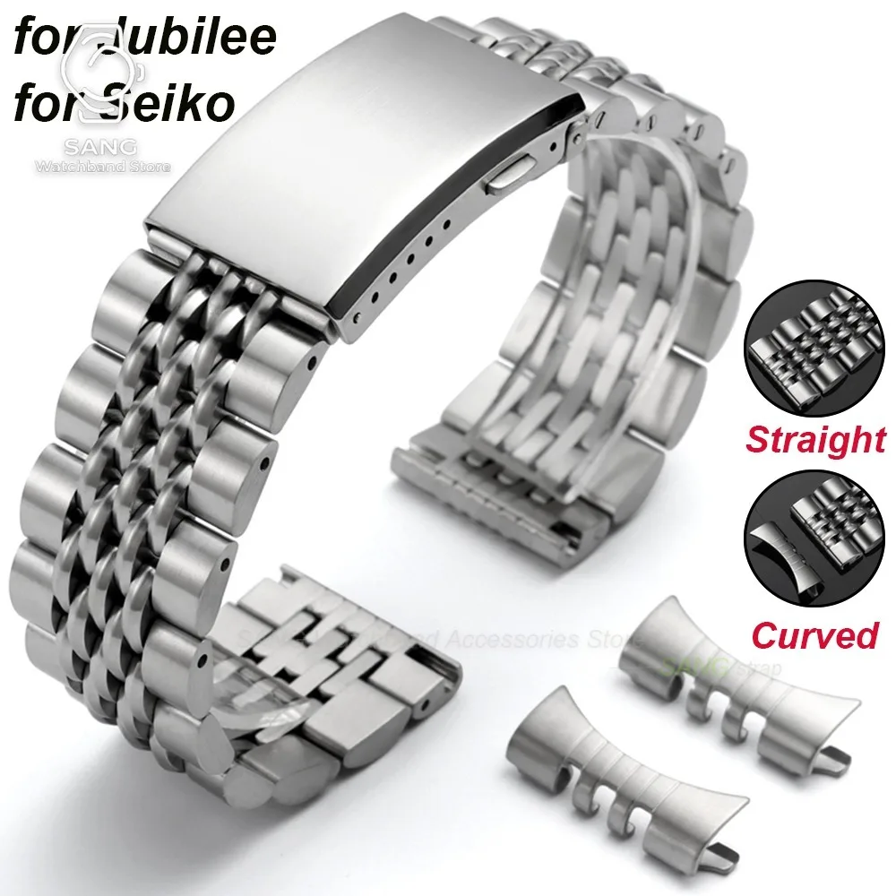 20/22mm for Seiko for Jubilee Straight/Curved End Strap Men Women Watchband Silver Stainless Steel Smartwatch Bracelet Accessory