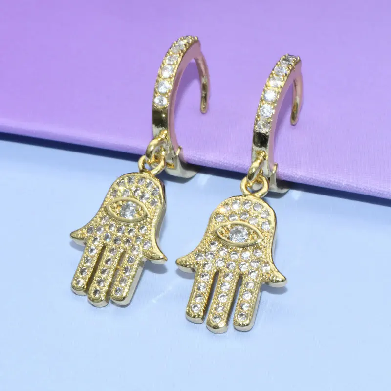 

New Arrival Fashion Jewelry Supplies Aiti Fading Gold Plated Copper CZ Paved Evil Eye Dangle Hand Hoop Earrings for Women