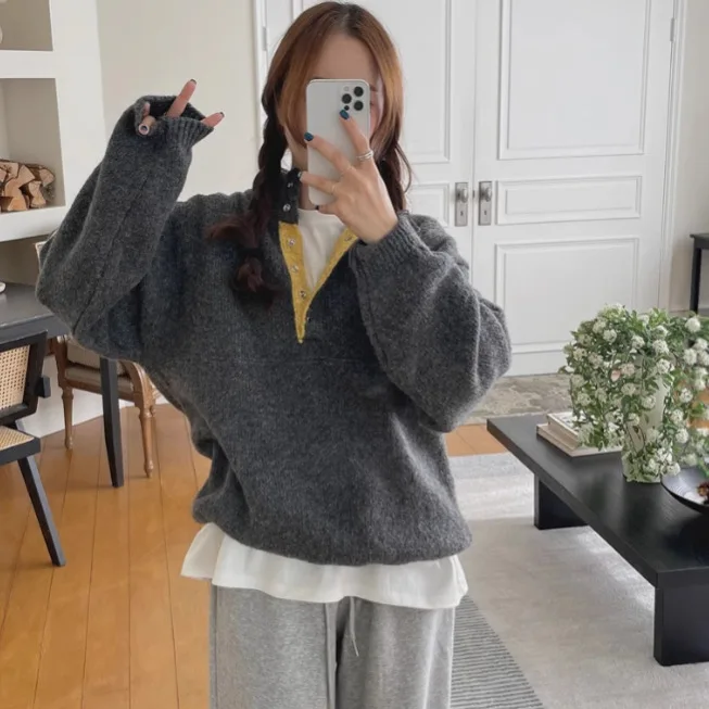 

Korean Winter Sweater Color Block Hidden Button Pullover Drawstring Hem Fashion Top