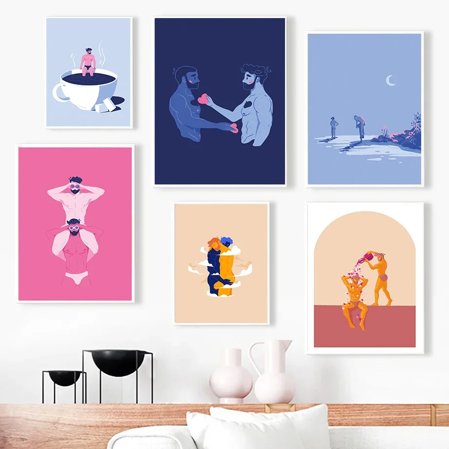(No frame)(No frame)Nordic Cartoon Gay Couple Bathe in the Moonlight/Hugging Love Poster Canvas Painting HD Printed Wall Art