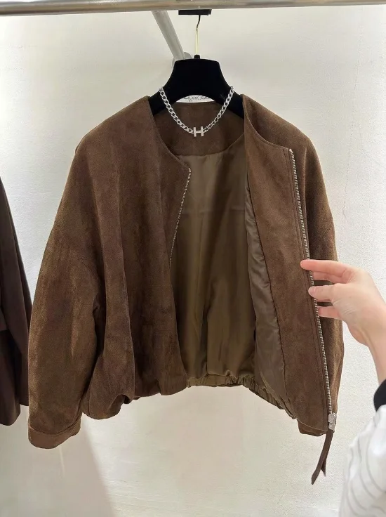 High-End European-Style Autumn New Loose-Fitting Slimming Retro Suede Round-Neck Zip-Up Jacket Stylish Top for Women