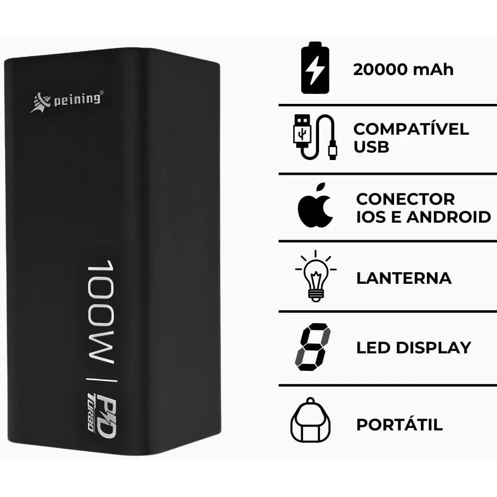 100W Power Bank Charger with 20.000 Mha Super Turbo Macbook Tablet Phone Notebook (Black)