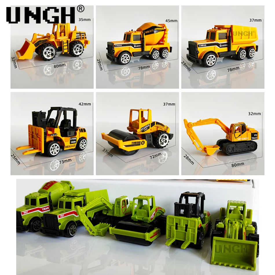 UNGH 6pcs Alloy Diecast Engineering Car Models Yellow Green Truck Excavator Tractor Toys for Children Kids BOY Vehicle Toys Gift