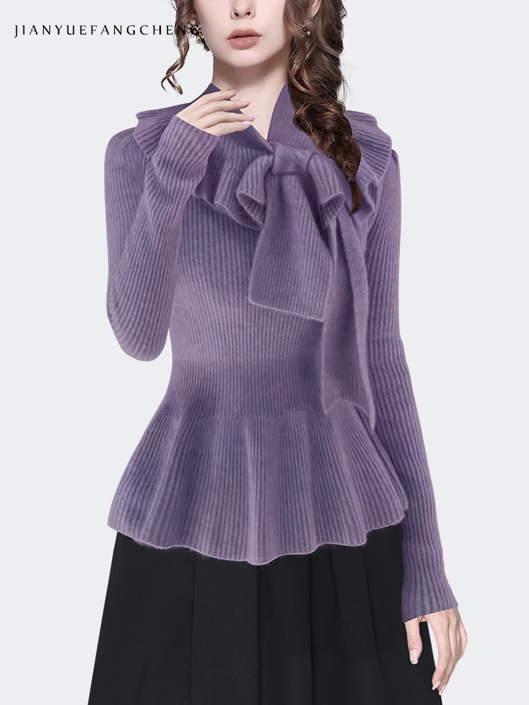 2023 Autumn/Winter Knitted Top, Female Celebrity Gentle Pullover Warm Inner Sweater Waist Wrapped Cute Bow, Western Wool Sweater