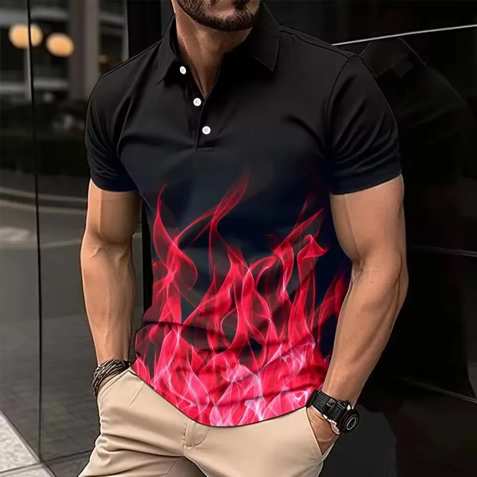 

Summer Trend Flame Pattern Men's Polos T-Shirts Short Sleeve 3d Printed Street Hip Hop Male Button POLO Tee 6XL Plus Size Tops