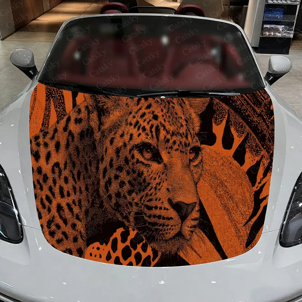 Car Decal Leopard with Orange Artistic Fusion in Edgy Splatter Design, Creating a Bold and Rebellious Visual Car Hood Sticker, W