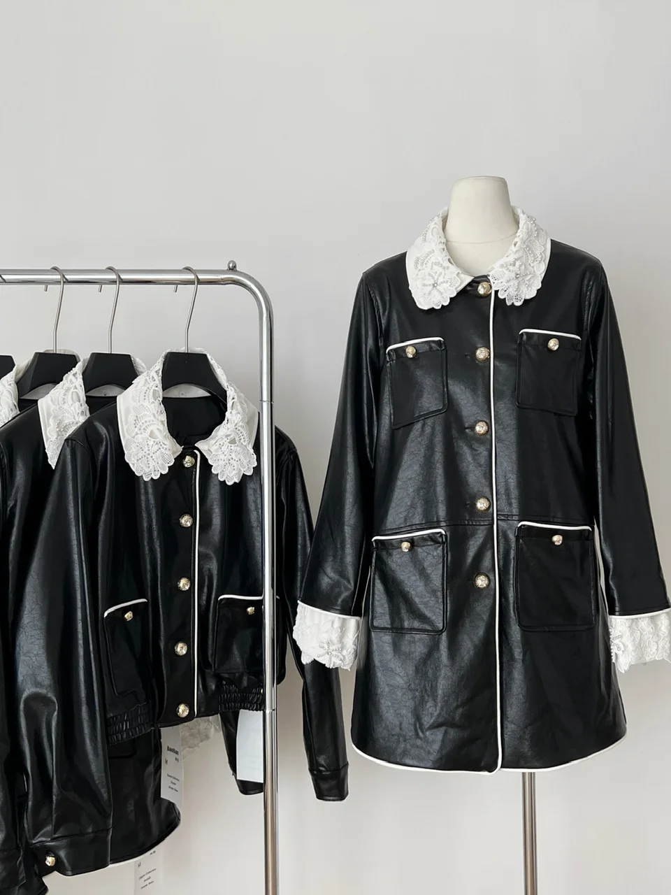 

Экологически чистая женская куртка из искусственной кожи в винтажном стиле, пальто средней длины с кружевным воротником, дизайн ручной работы, теплый цвет