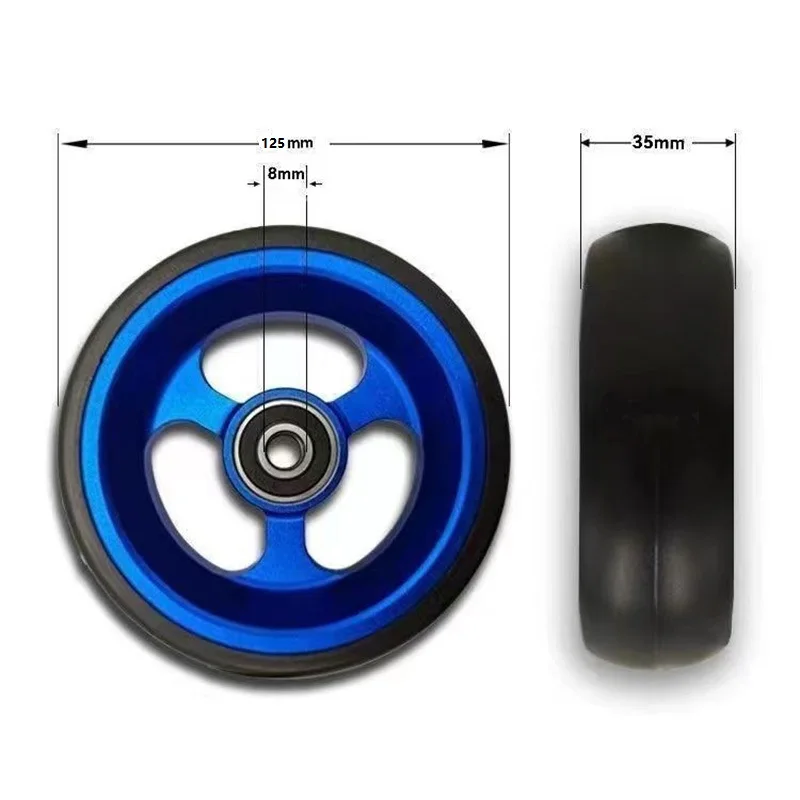 A pair of 5 inch wheelchair front wheels made of aluminum alloy with wear-resistant PU tires, high-speed, universal installation