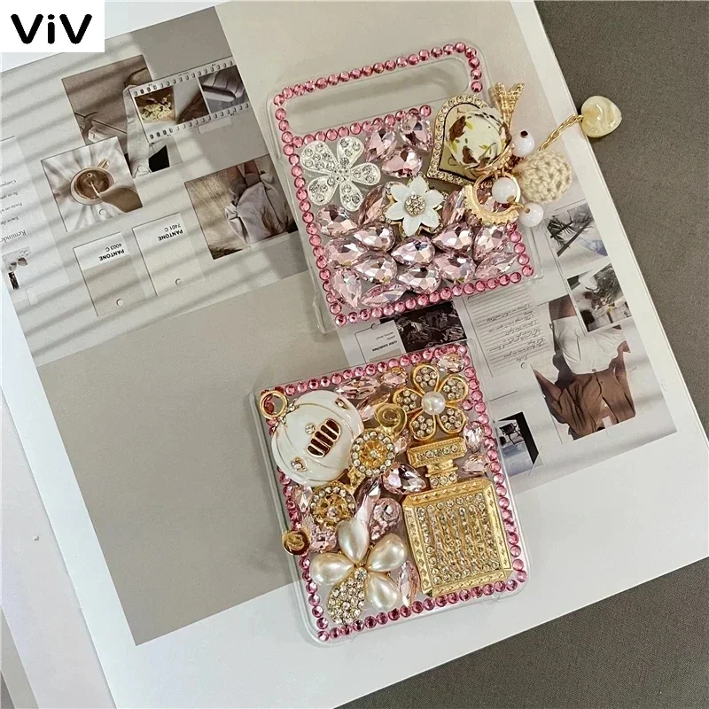 Luxury Rhinestone Phone Case for Samsung Galaxy Z Flip 5 2 4 3, Cute Bear Bottle, Pearl Diamond Flowers, Love Tassels Cover viv