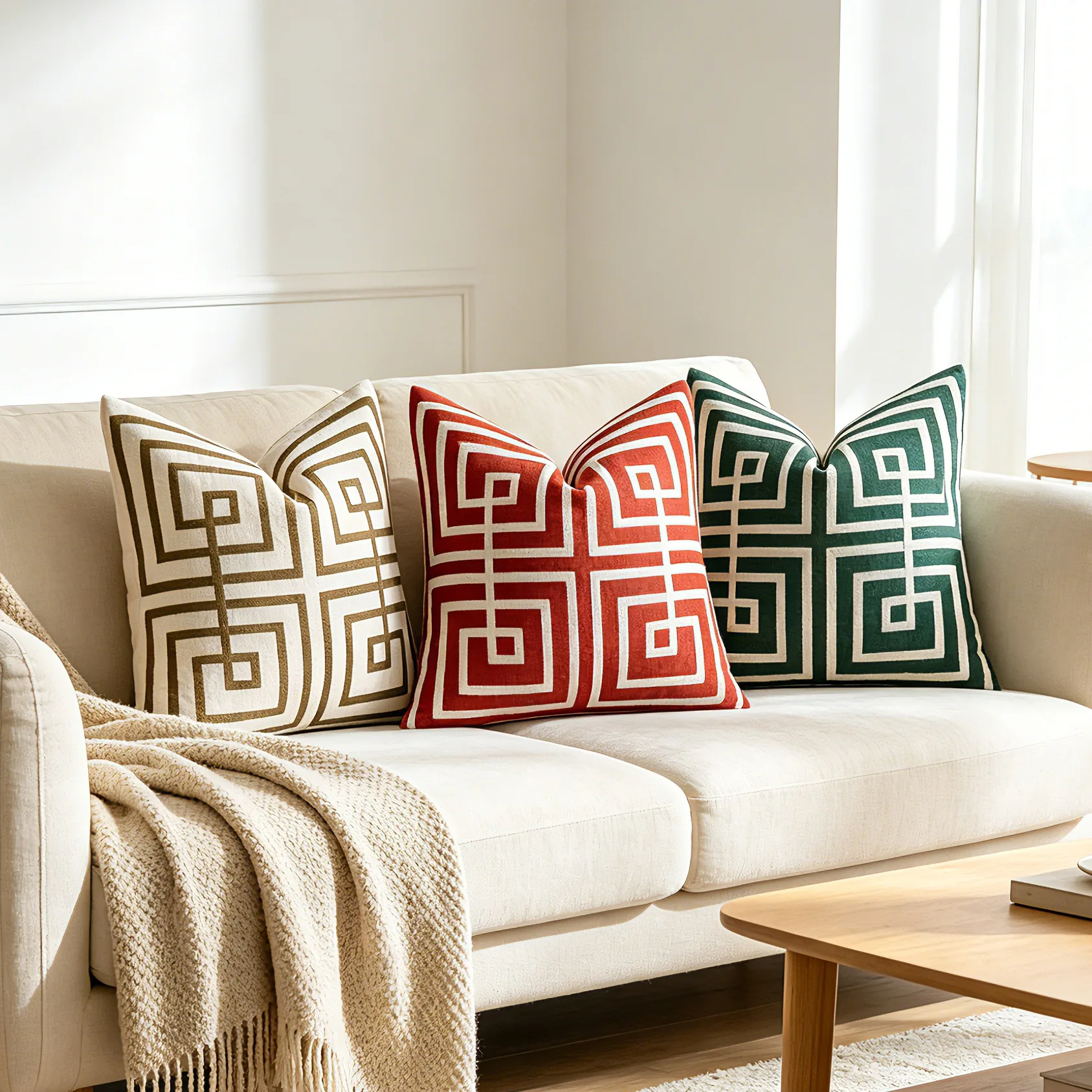 Soft Chenille Embroidery Geometric Pillow Cover 45x45cm 30x50cm Rustic Red Green Home Decor Living Room Sofa Couch Chair