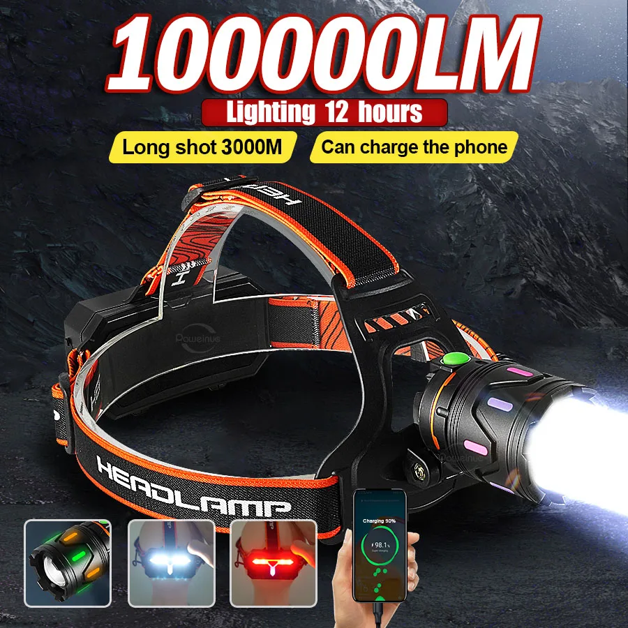 

100000LM ультра яркие светодиодные налобные фонари, мощные фары, USB перезаряжаемый налобный фонарь для рыбалки на открытом воздухе, охоты, кемпинга