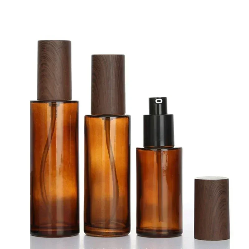 

20/30/50ml Brown Glass Lotion Pump Press Bottles Refillable Soap Dispenser Containers Jars with Wood Color Cap for Cosmetics