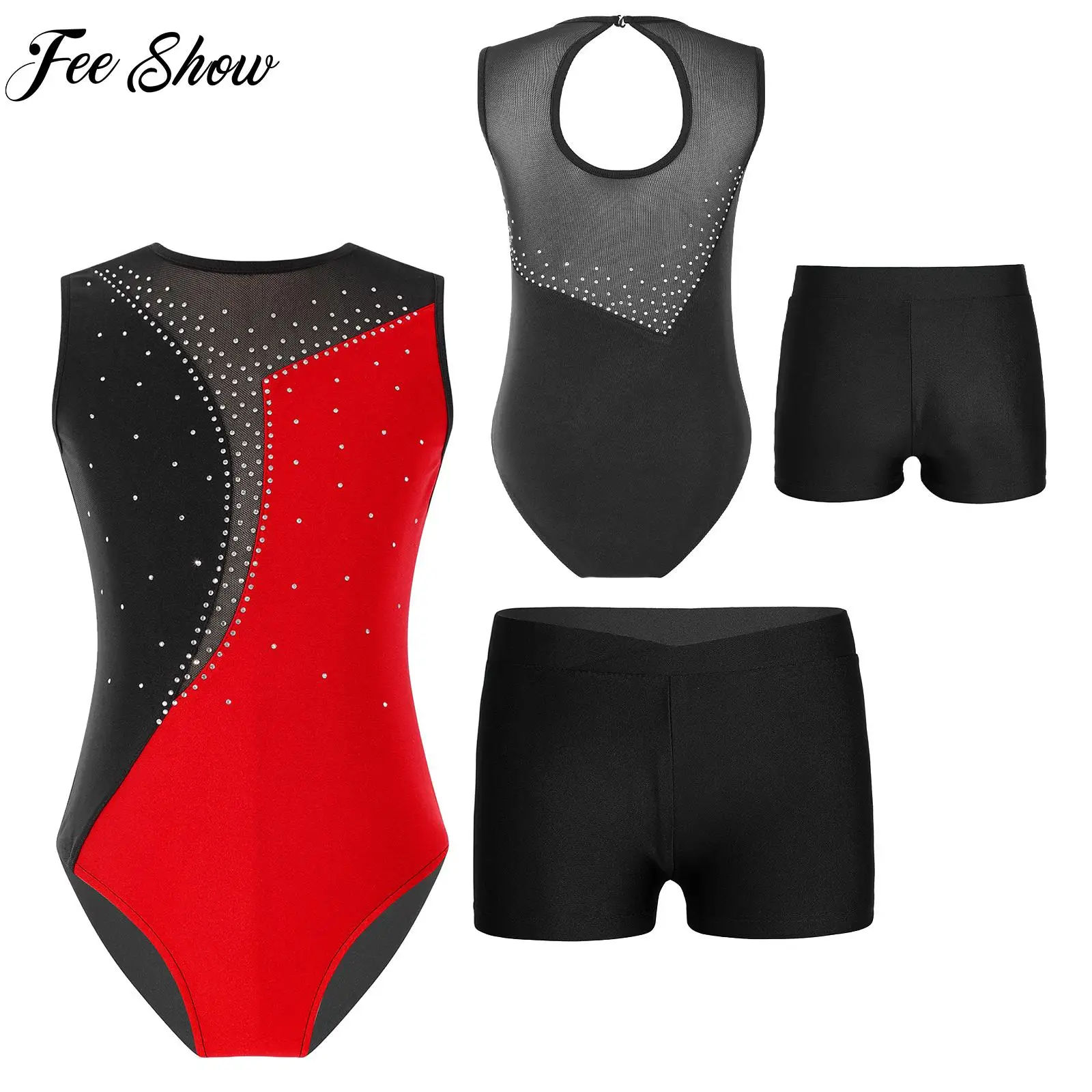 

Girls Kids Professional Dancing Ballet Gymnastics Outfit Swimsuit Sleeveless Leotard+Shorts Suits for Figure Skating Performance