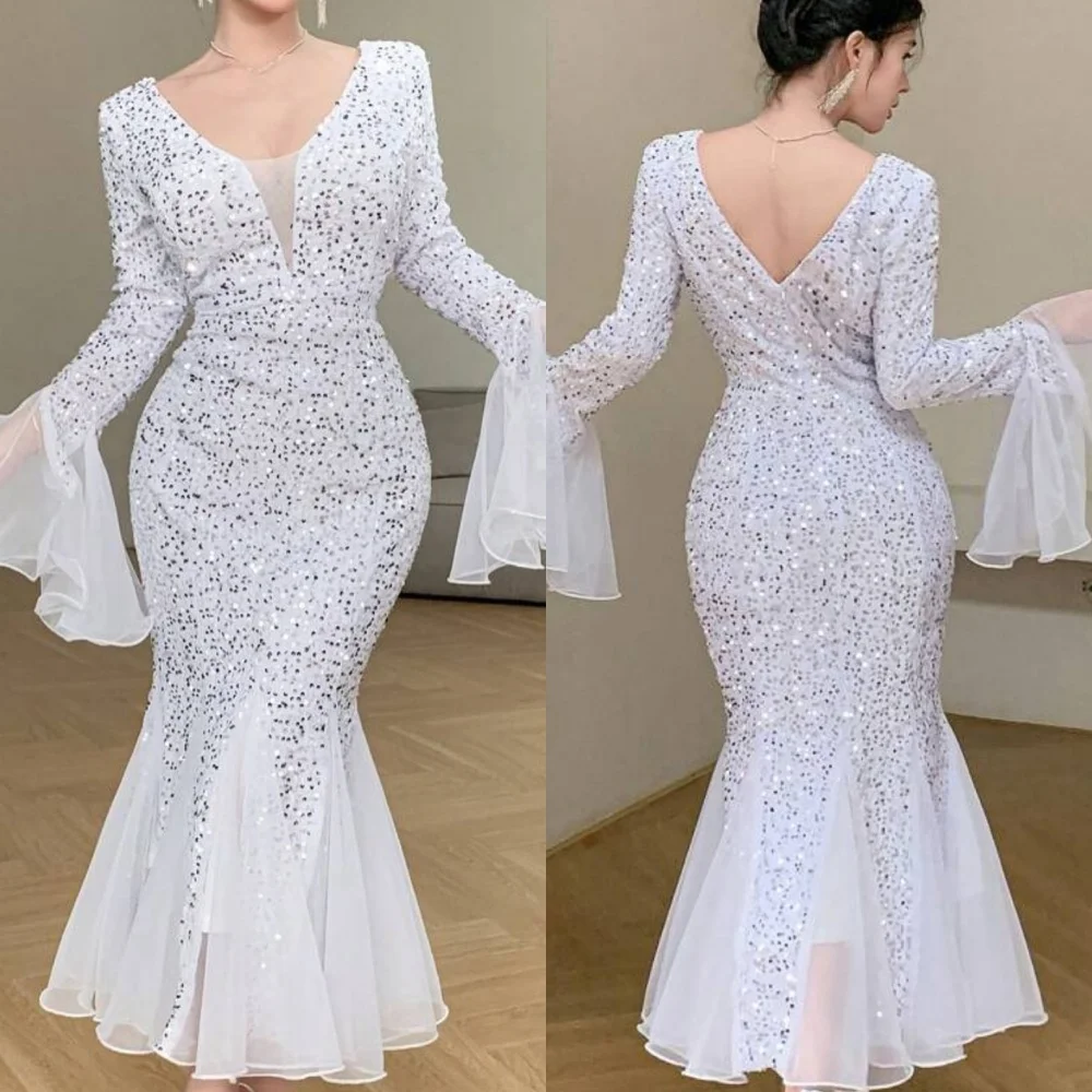 

Customized Modern Style Elegant Tulle Sequined Ruched Mermaid Scoop Neck Ankle Length Dresses Bespoke Occasion Dresses Matching