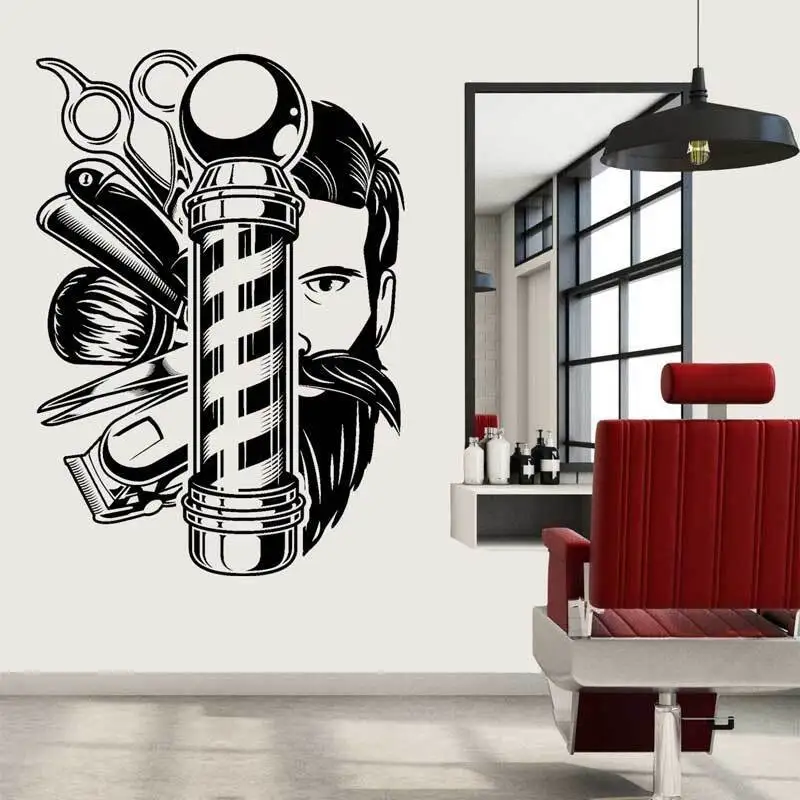 Vintage Barber Wall Sticker Haircut Scissors Comb Barber Shop Hair Salon Door and Window Art Wall Decoration Vinyl Decal LF26