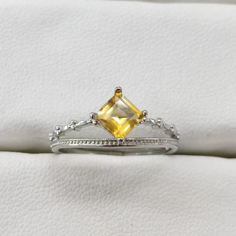 

1pc100% natural citrine square ring adjustable copper plated 925 silver ring for women men for parties and gifts
