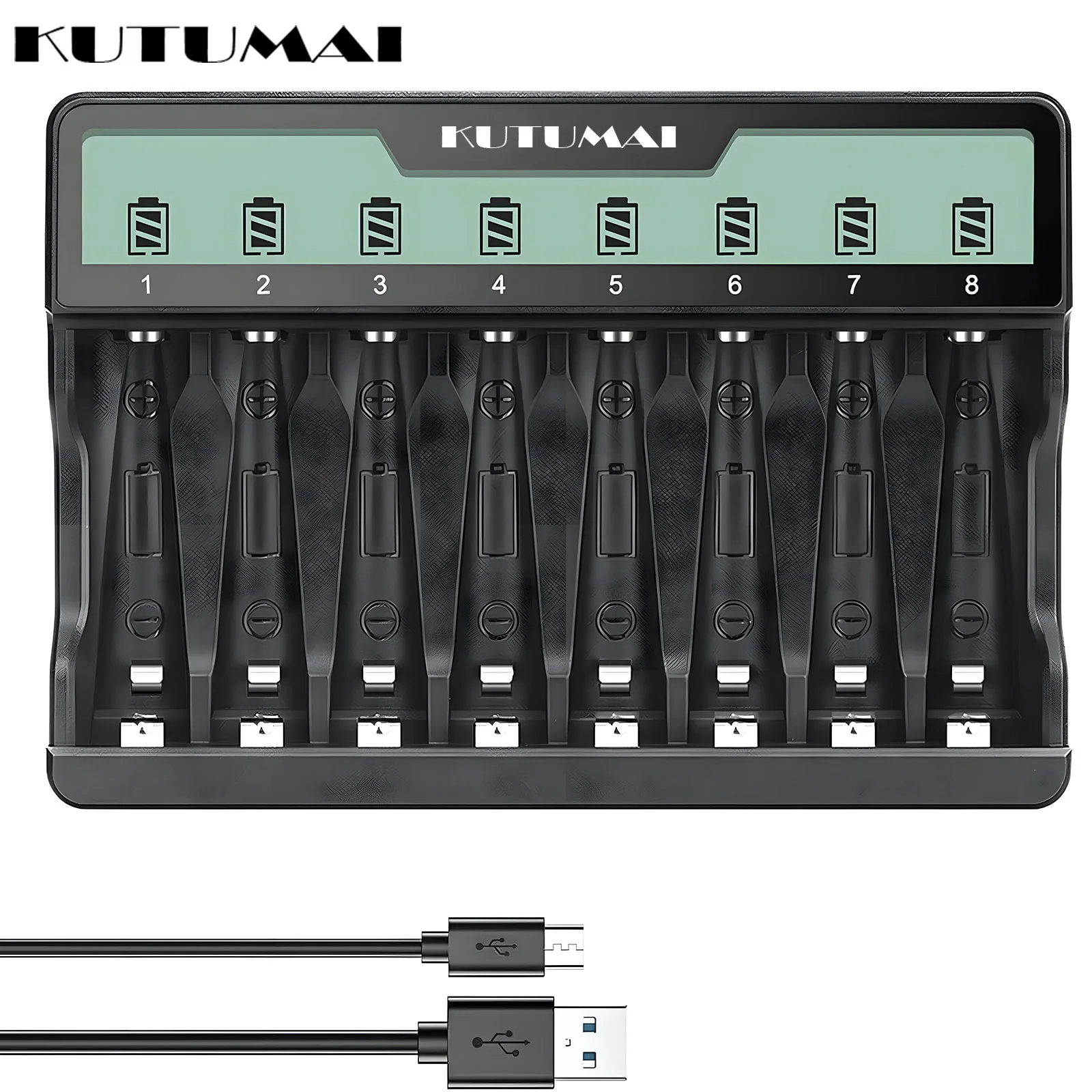 8 Slots Battery Charger with LED Display and USB Port Fast Charging for 1.2V AA/AAA Ni-MH Ni-Cd Batteries (Battery not included)