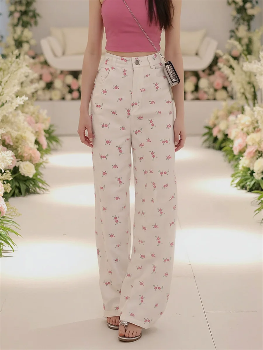 Sweet Floral High Waist Jeans Baggy For Woman Denim Pants Women Clothes Summer Lightweight Bootcut Beachwear Holiday Vacation BF