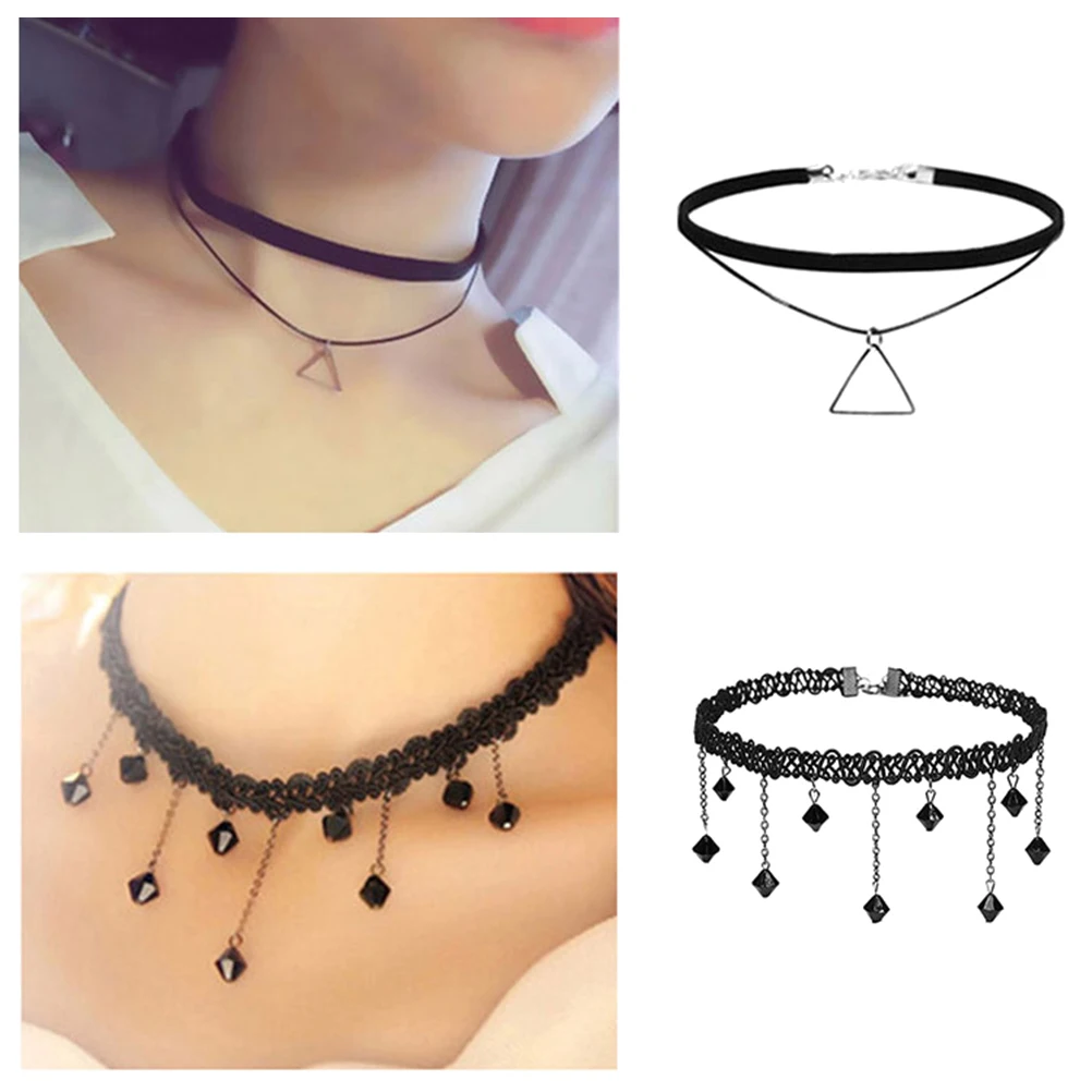 

4pcs Necklace Set Velvet Choker Women Long Chain Comfortable Lightweight Gothic Lace Choker Neckless Fashion Daily Wear