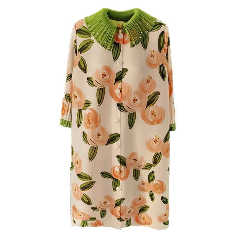 Miyake geplooide jurk High-end leeftijdsverlagende kralen poppenkraag shirtjurk ontwerp bedrukt plus size plooijurken met enkele rij knopen