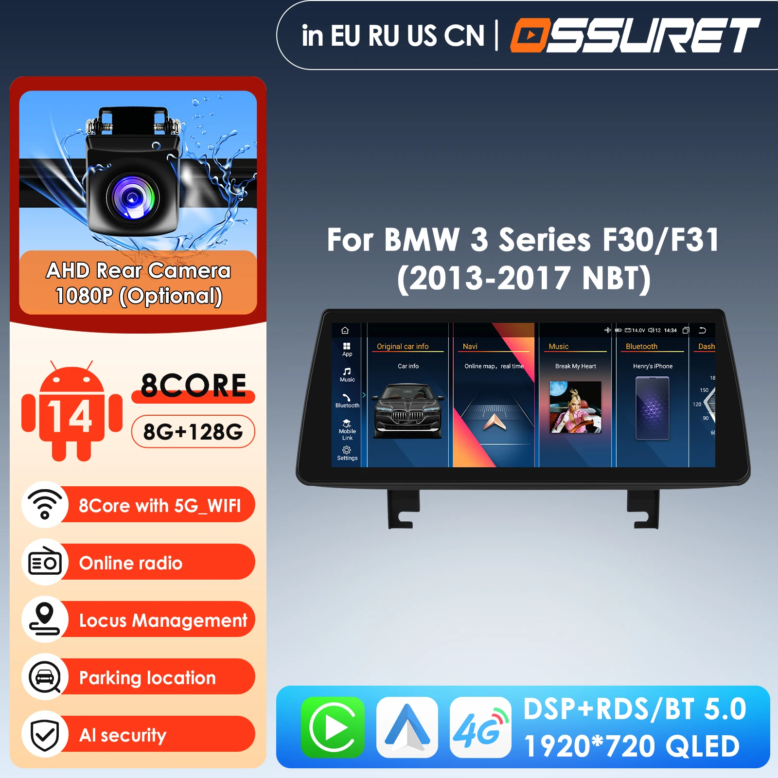 Radio de Coche Android 2DIN con Pantalla QLED de 10.25 Pulgadas, Reproductor de Video Multimedia para BMW Serie 3 y BMW Serie 4 F30 F31 NBT, GPS, Navi, Carplay, Auto 4G, RDS