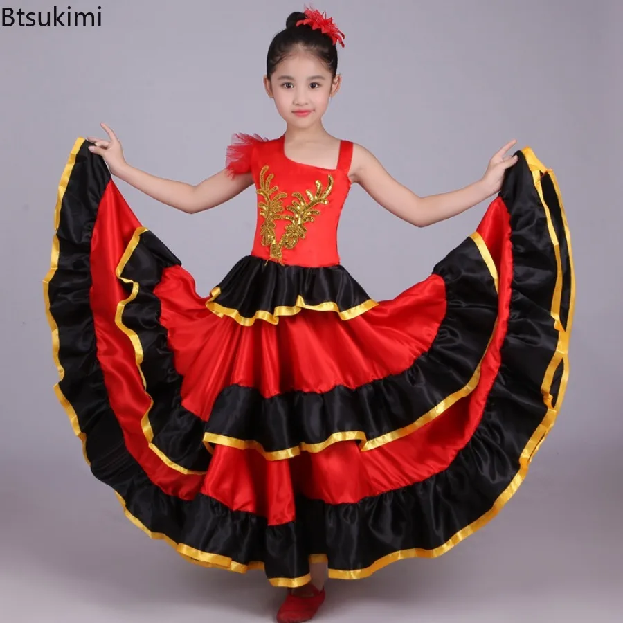 Vestido de Baile Flamenco para Niñas, Disfraz Español Infantil, Vestido Largo con Volantes en Capas y Dobladillo Ancho para Danza Lírica y Espectáculos