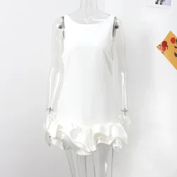 Elegant Sleeveless White Short Dress Women Slim O-neck Backless Ruffles Hem Party Evening Dresses Summer Lady Streetwear