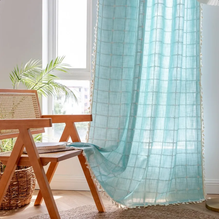 

Пледы для штор в стиле бохо для спальни, клетчатые шторы, коттедж, фермерский дом, кисточки, обработка окон, богемная вышивка, драпировка для дома