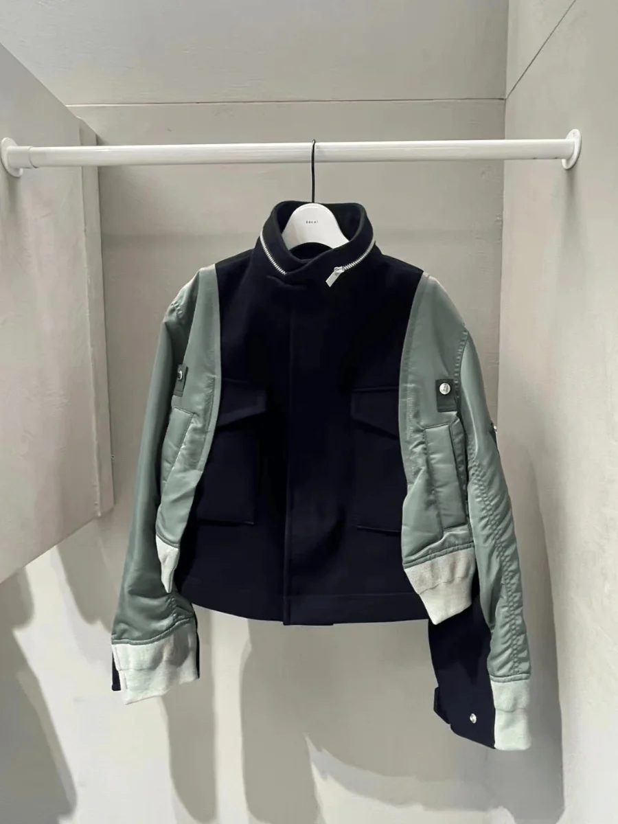 Niebla Sacai Japón moda 2024 otoño nueva chaqueta de retazos piloto prendas de vestir exteriores Top corto para mujer