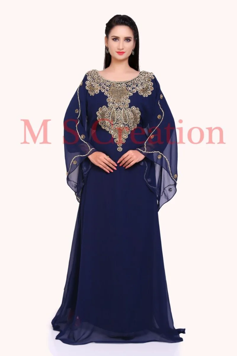 Women Long Dress Moroccon Nave Blue Georgette Dubai Abaya Farasha Long Kaftan Dress