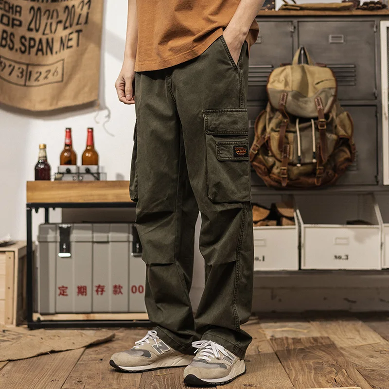 

2024 new cotton cargo casual pants spring and summer straight pants men's trend 100 wide leg pants elastic waist pants