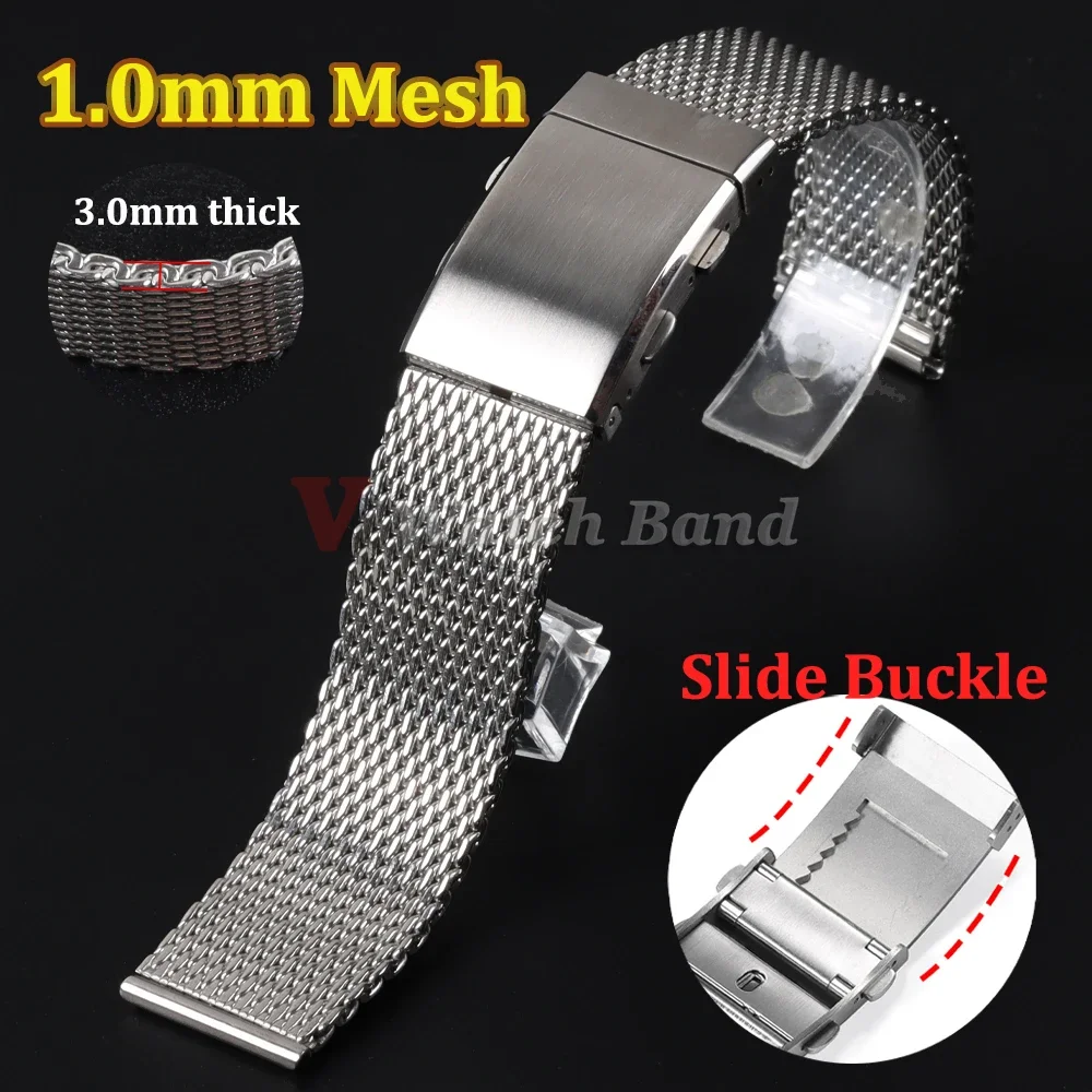 

Luxury 1.0MM Milanese Watch Band 19cm Extended Length Big Size Wrist Bamd Steel Slide Buckle Men Strap 20mm 22mm 18mm