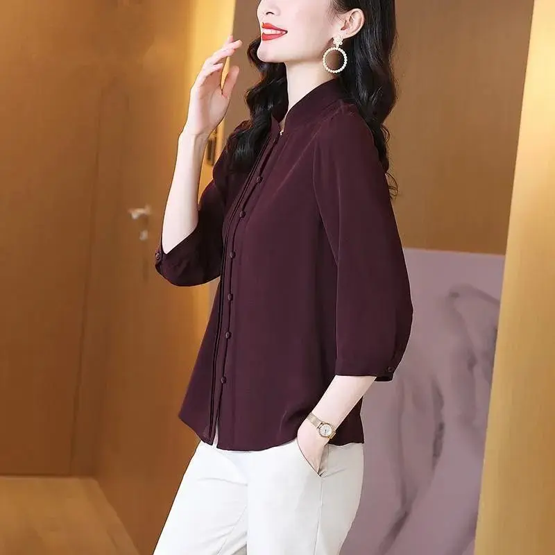 Temperament Office Lady Blouses Summer Thin Loose Button Three Quarter Sleeve Stand Collar Solid Fashion Casual Women\'s Clothing