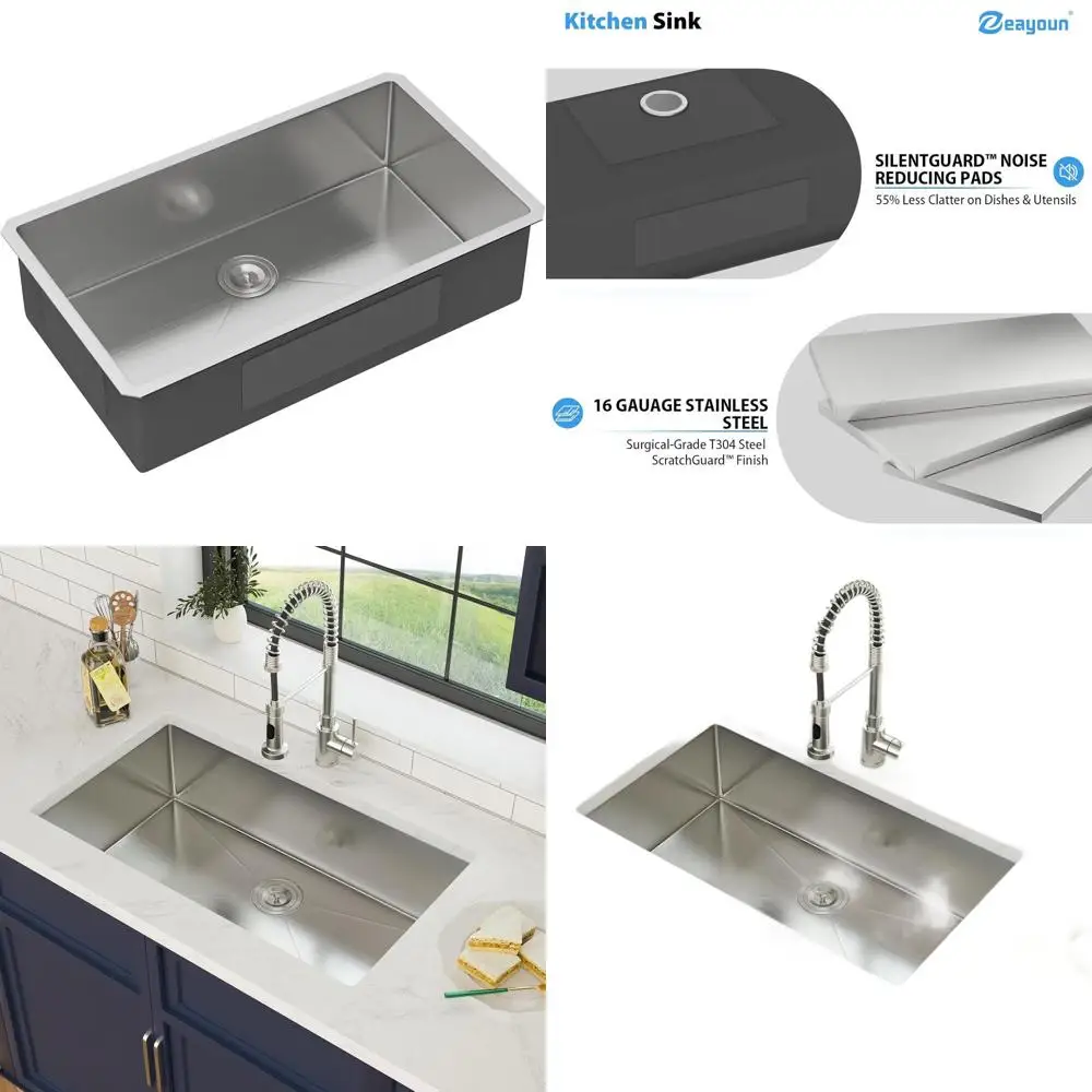 

Глубокая одинарная кухонная мойка из нержавеющей стали для установки под столешницу, 33x19x9, толщина 16 калибра