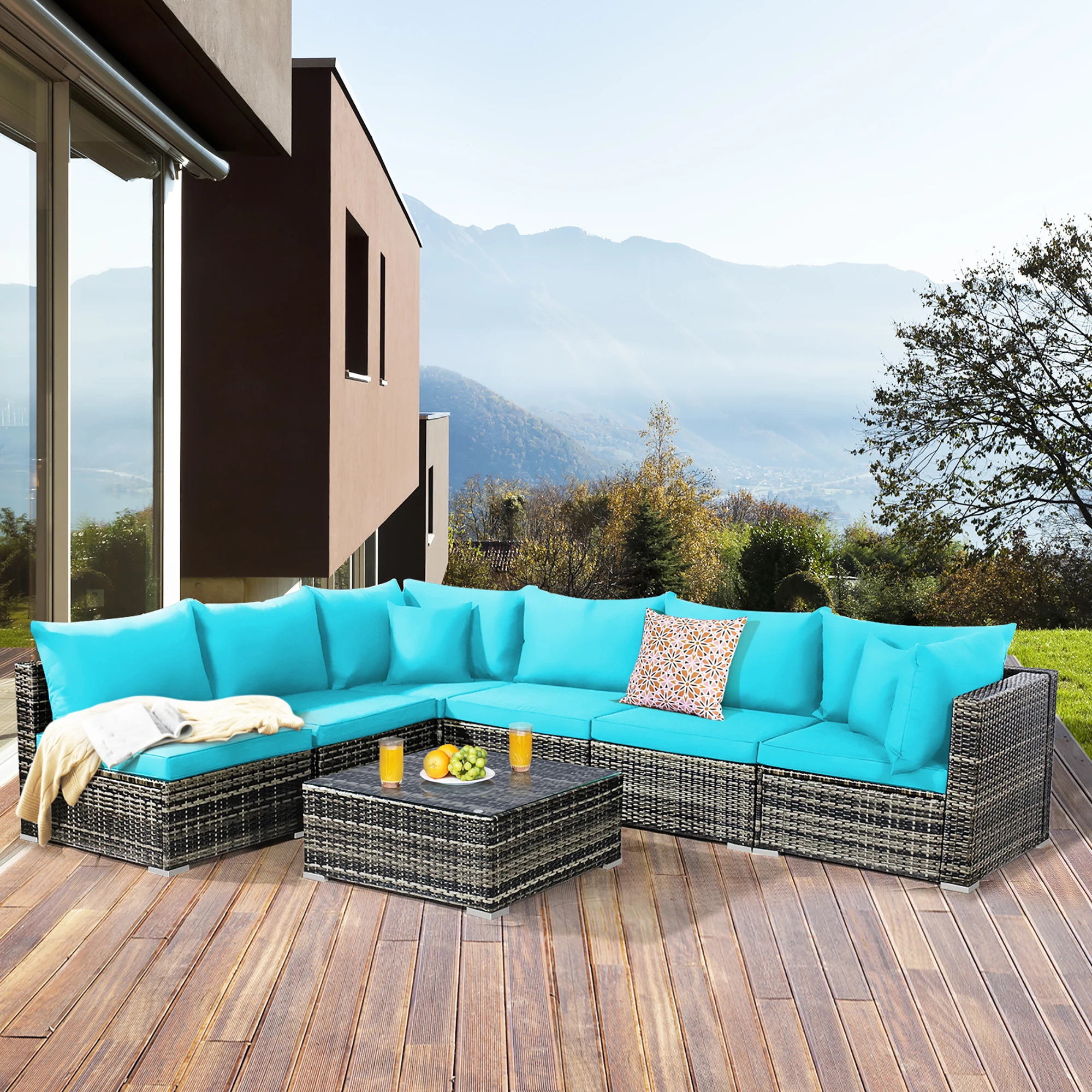 

7PCS Patio Rattan Furniture Set Sectional Sofa Garden Turquoise Cushion